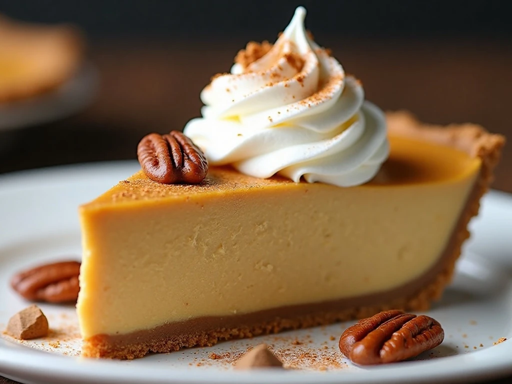 Slice of pumpkin cream pie with cinnamon and pecans