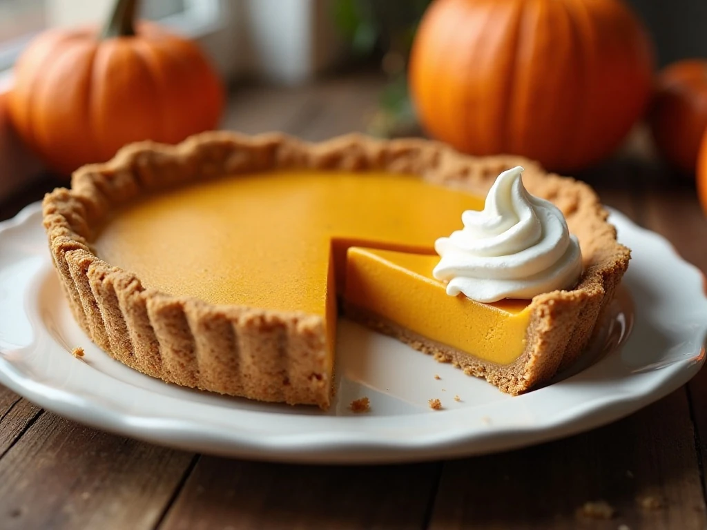 A creamy no-bake pumpkin pie with a graham-cracker crust and whipped cream