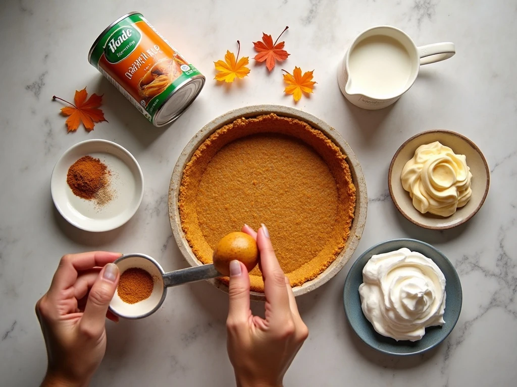 Ingredients for easy no-bake pumpkin pie arranged on a counter