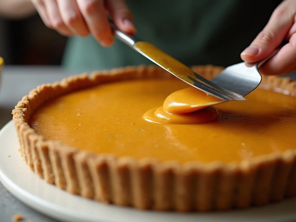Smoothing creamy pumpkin filling into a graham-cracker crust