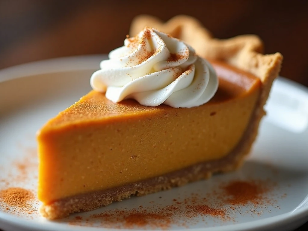 Close-up slice of no-bake pumpkin pie with whipped cream and spice