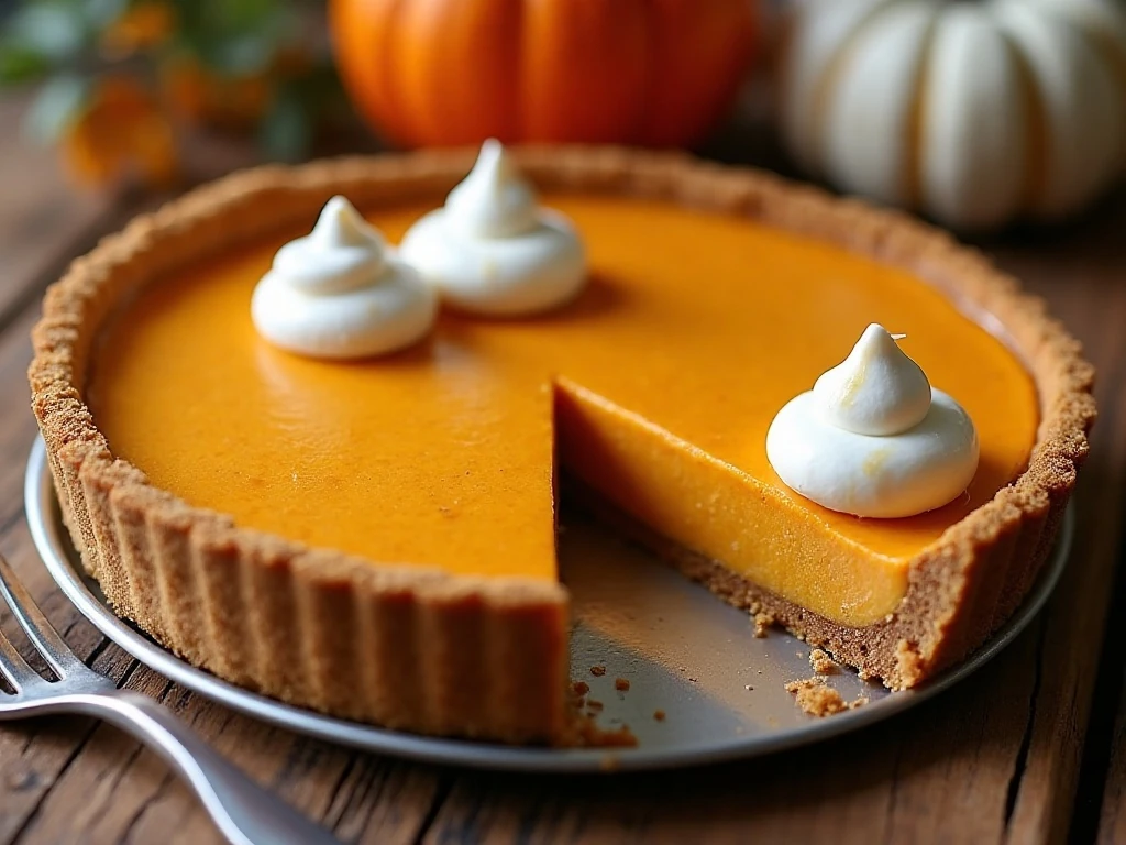 Whole no-bake pumpkin pie with one clean slice removed