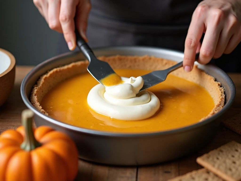 Folding whipped cream into pumpkin pie filling