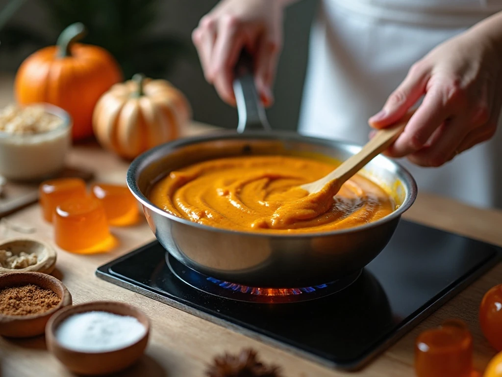 Stirring pumpkin gelatin mixture over low heat