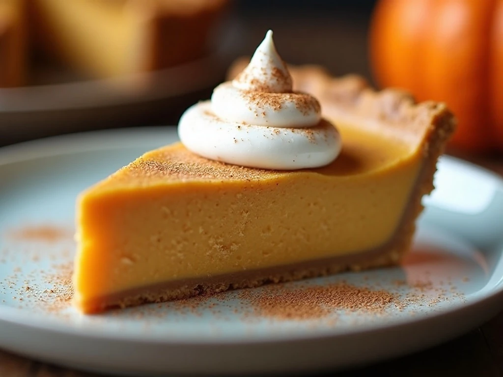 Close-up slice of pumpkin pie with whipped cream and cinnamon