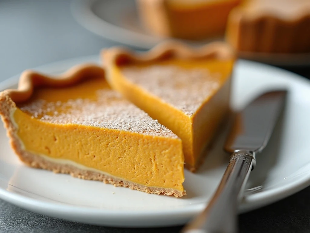 Neatly sliced chilled no-bake pumpkin pie ready to serve