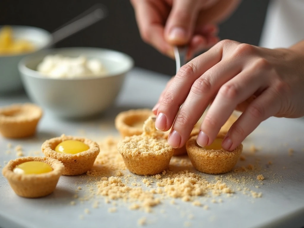 Pressing homemade graham-cracker crust into mini tartlet shells