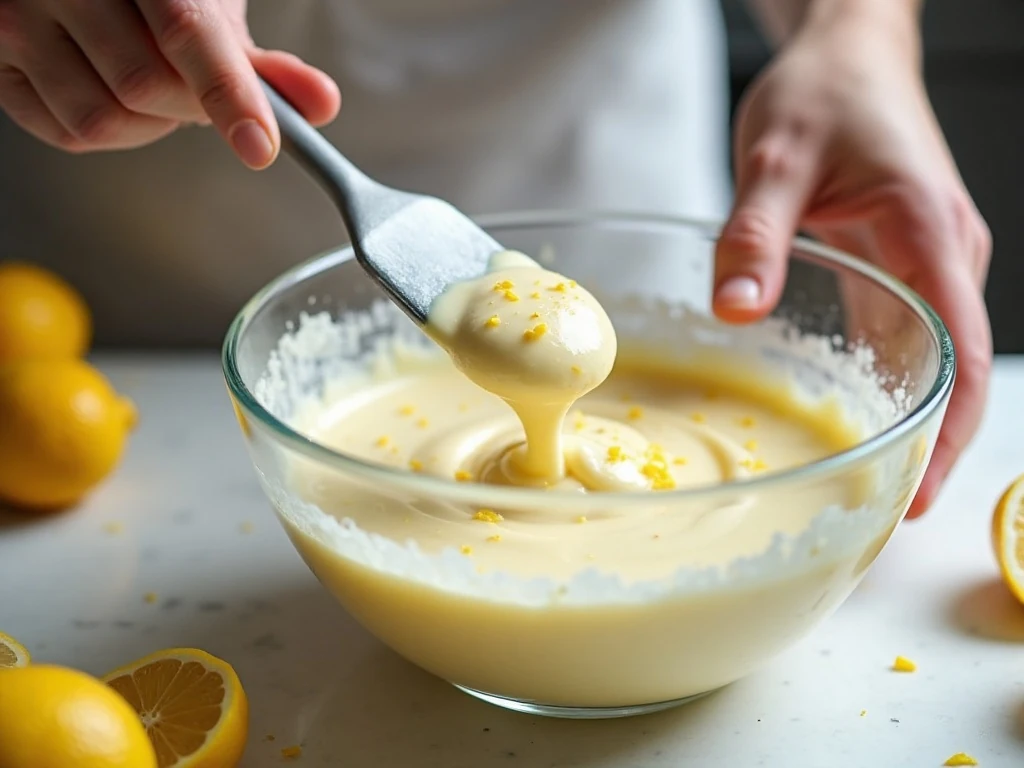 Folding whipped cream into lemon cream cheese tartlet filling