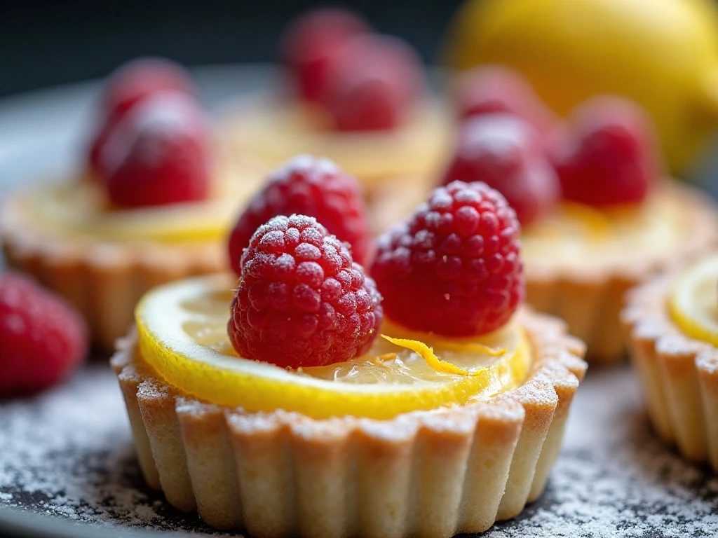 Close-up of raspberries and lemon zest garnishing chilled tartlets