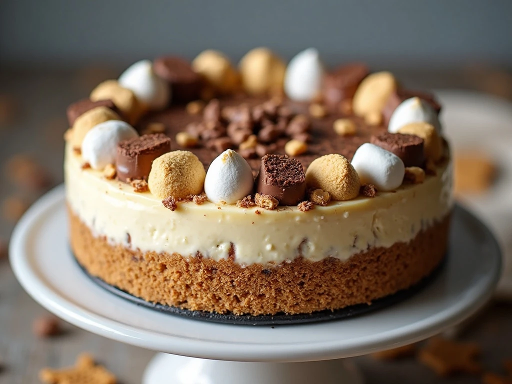 Whole no-bake s'mores cheesecake decorated with marshmallows, chocolate, and graham crackers