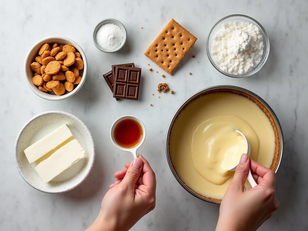 Ingredients for easy no-bake s'mores cheesecake arranged on a countertop