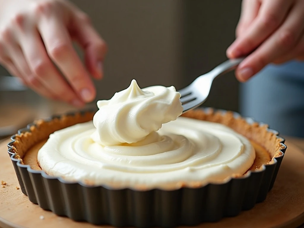 Folding whipped cream into the marshmallow cheesecake filling