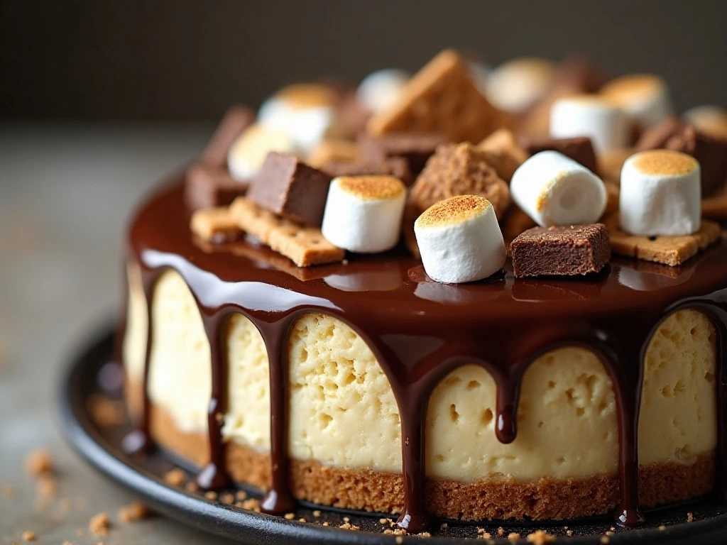 Close-up of the toasted marshmallow and chocolate s'mores cheesecake topping