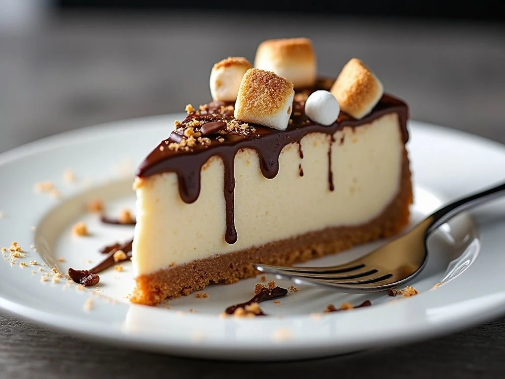 Slice of creamy no-bake s'mores cheesecake ready to serve