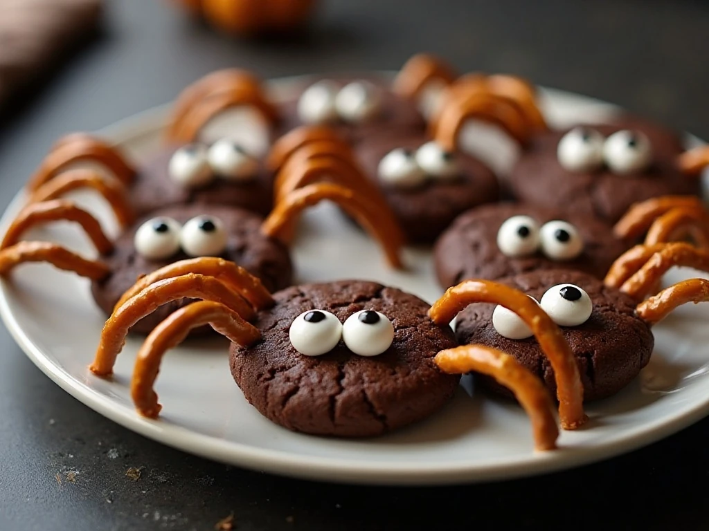 Playful no-bake spooky spider cookies arranged on a Halloween platter