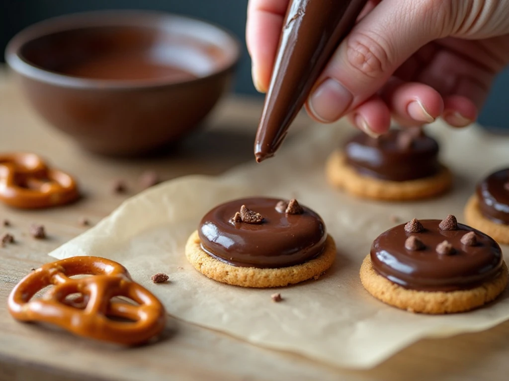 Using melted chocolate to decorate no-bake spider cookies
