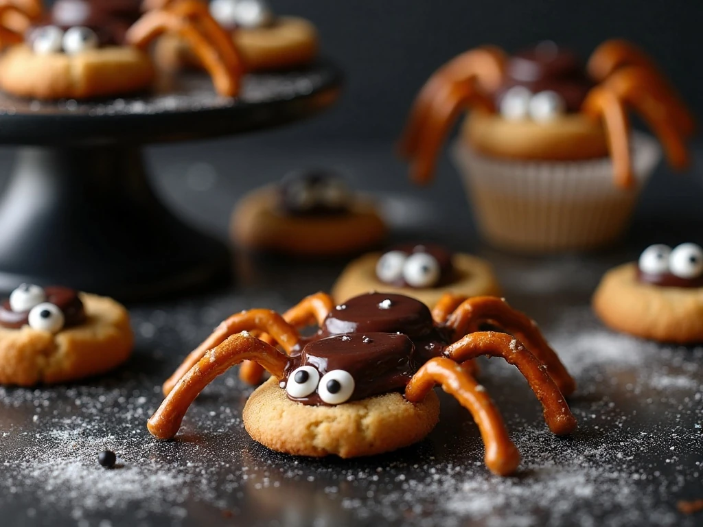 No-bake spider cookies ready for a Halloween dessert table