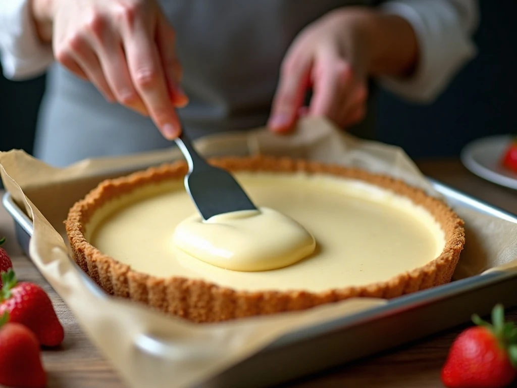 Spreading cheesecake filling over the graham-cracker crust