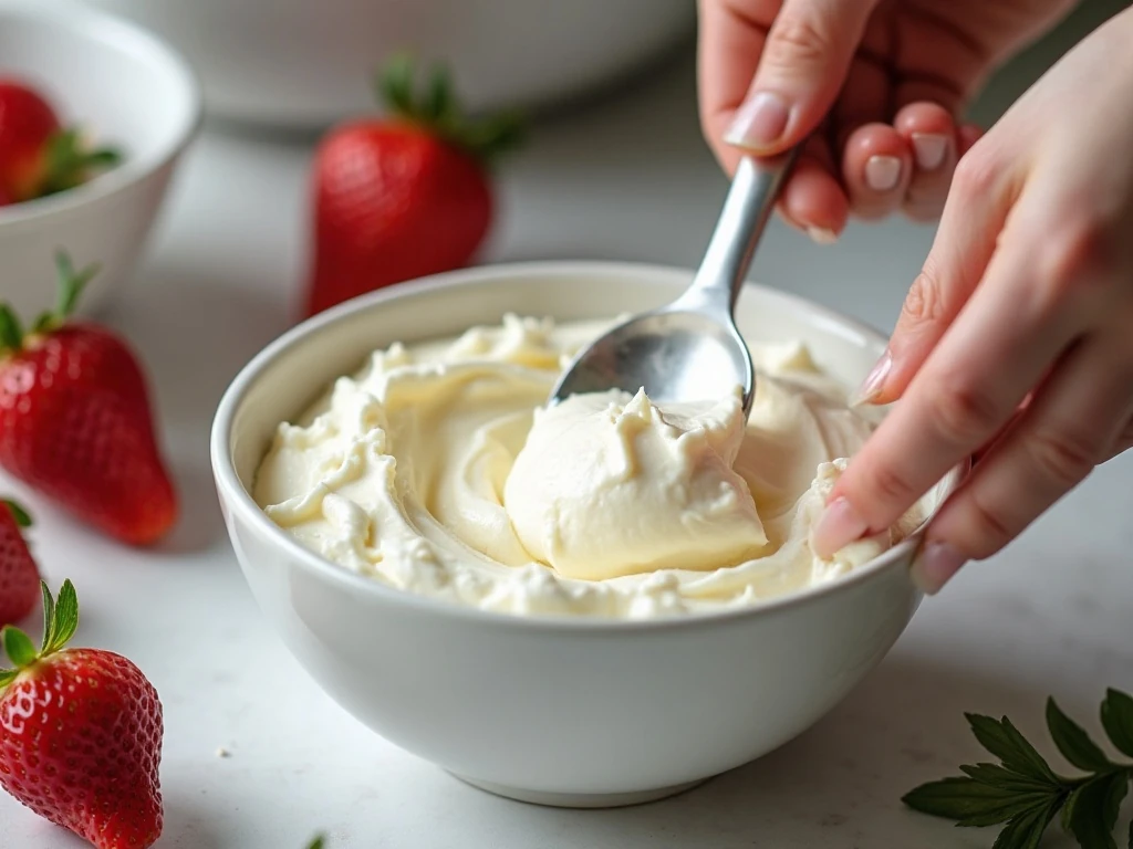 Folding whipped topping into smooth cream cheese filling