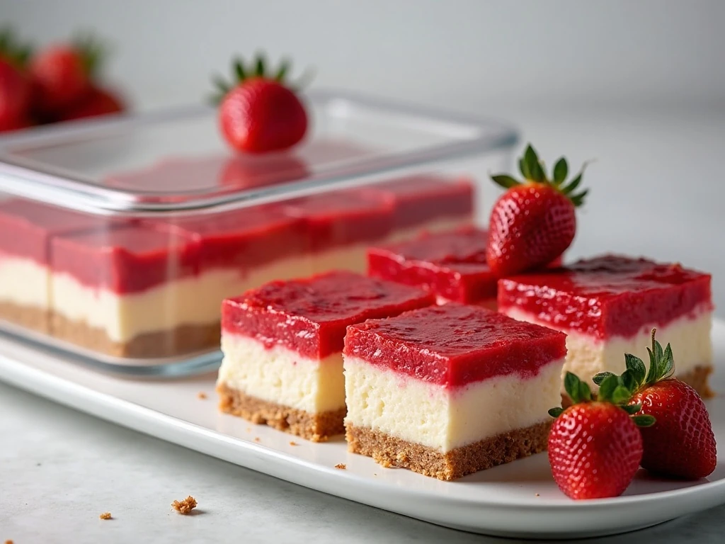 Chilled strawberry cheesecake squares ready for storage