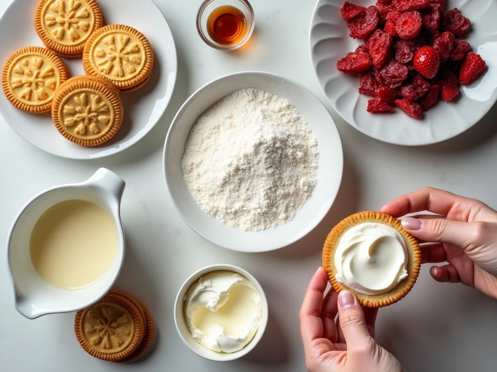Ingredients for no-bake strawberry crunch cheesecake arranged for preparation