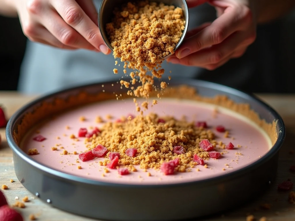Adding coarse strawberry crunch topping to the cheesecake