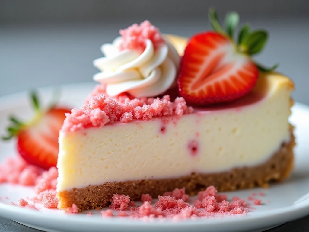 Slice of strawberry crunch cheesecake with whipped cream and fresh strawberries