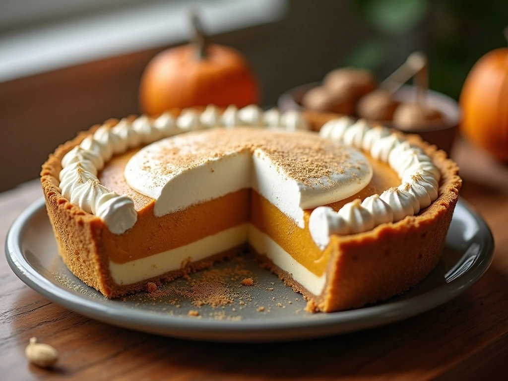 No-bake triple-layer pumpkin pie showing its creamy layered filling