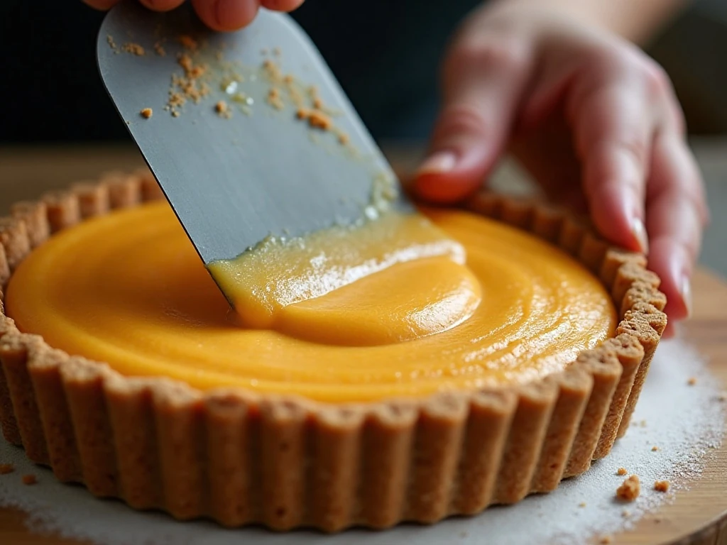 Smoothing the layers of a chilled pumpkin pie