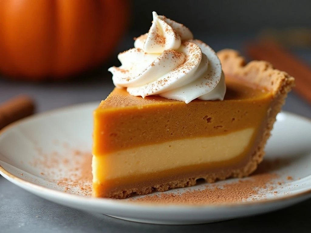 Close-up slice of creamy triple-layer pumpkin pie with cinnamon