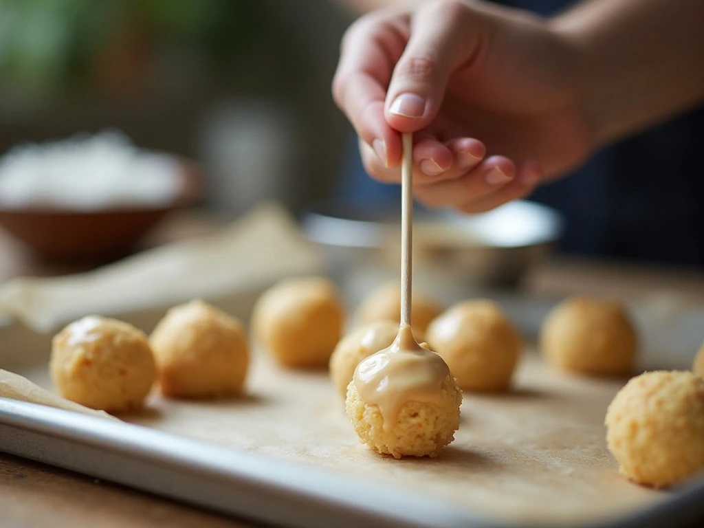 Dipping chilled cake pops in vanilla coating