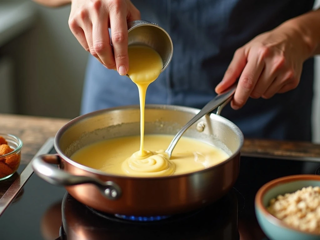 Stirring the stovetop syrup for no-bake cookies