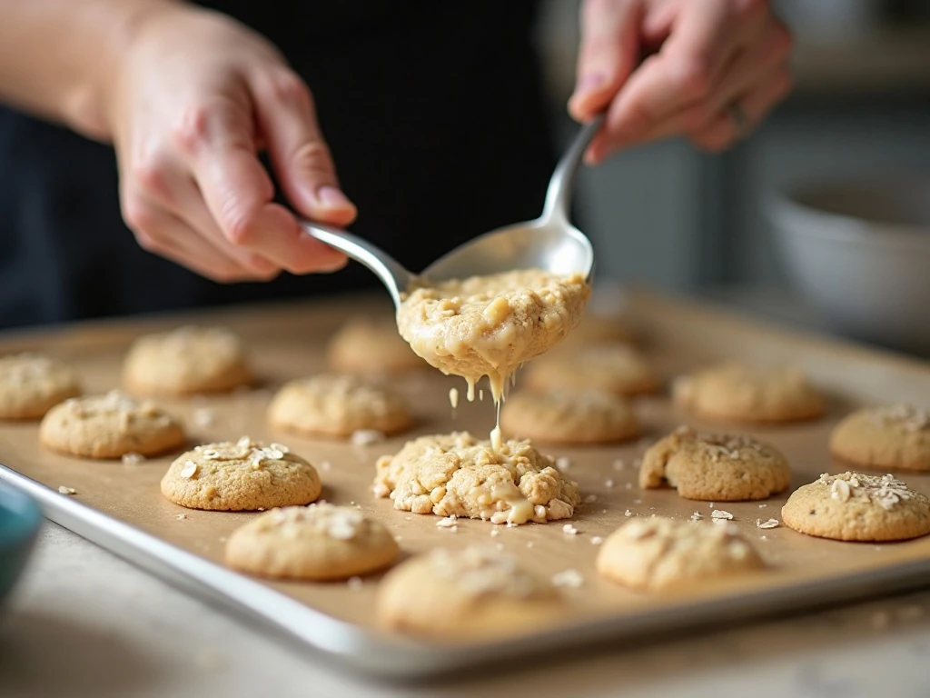 Scooping vanilla oat cookie mixture onto parchment