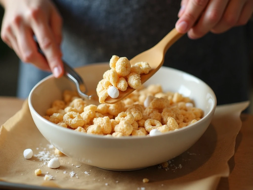 Folding cereal and marshmallows into white chocolate cookie mixture