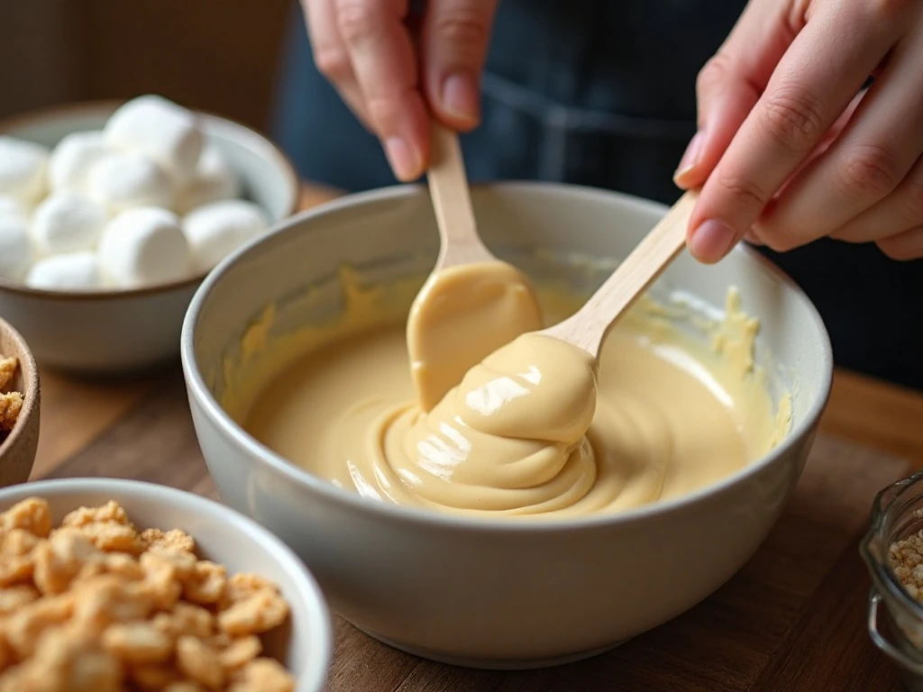 Smooth melted white chocolate mixture for no-bake cookies