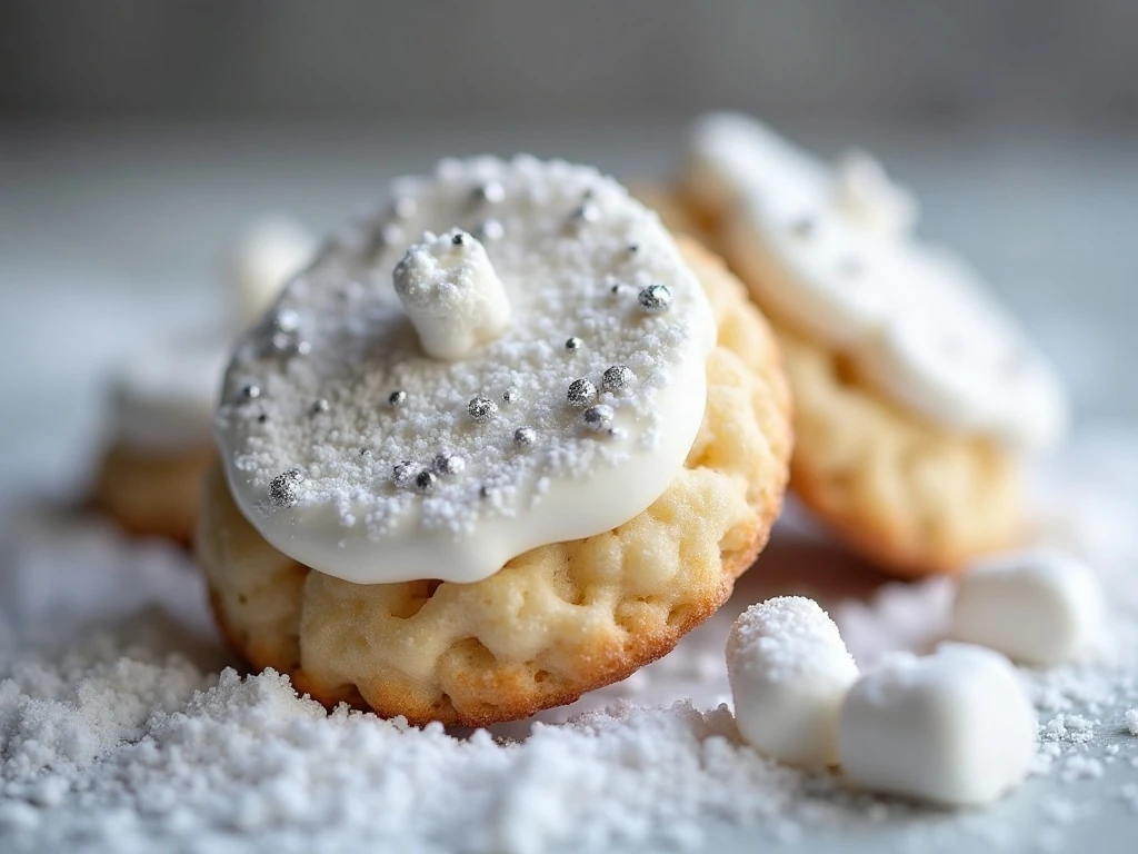 Close-up of powdered sugar and silver sprinkle cookie garnish