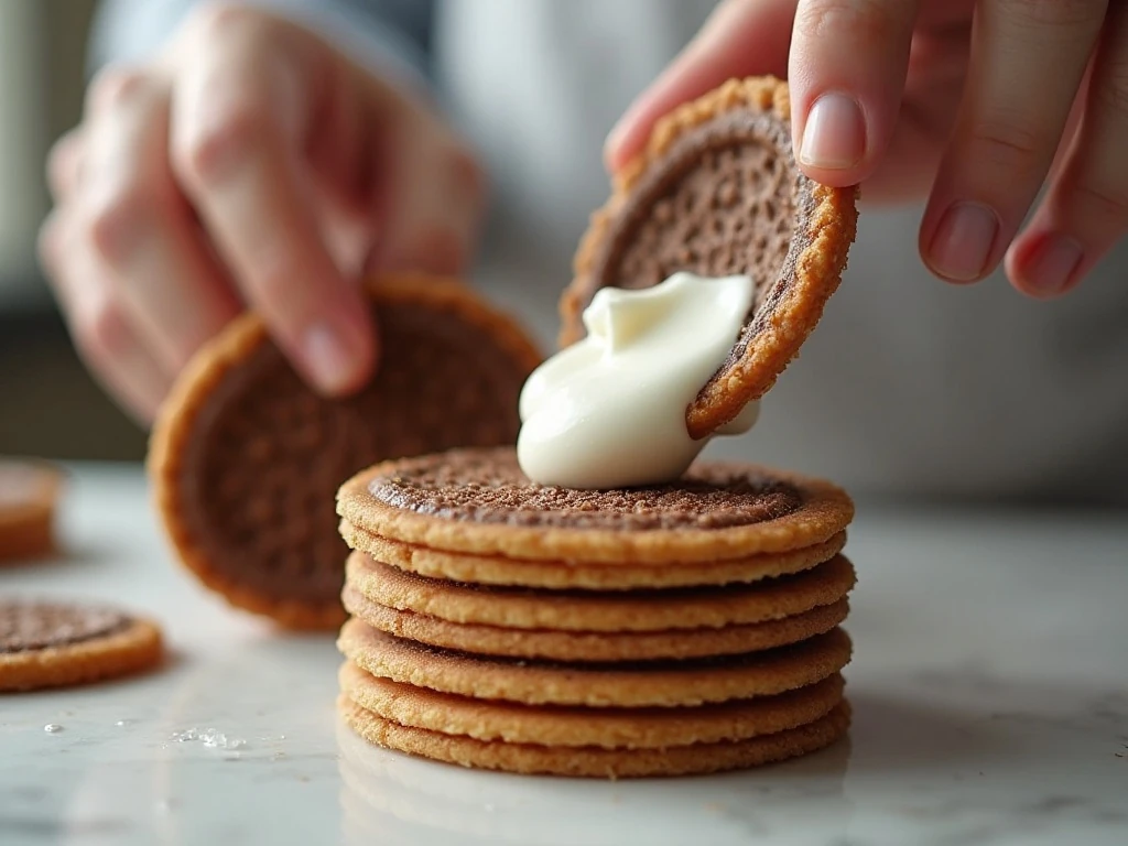 Layering chocolate wafers with vanilla whipped cream for Zebra Cake
