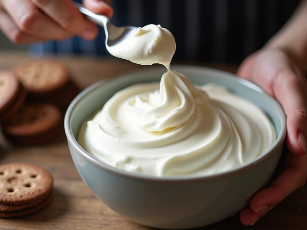 Firm whipped cream prepared for a no-bake chocolate wafer cake