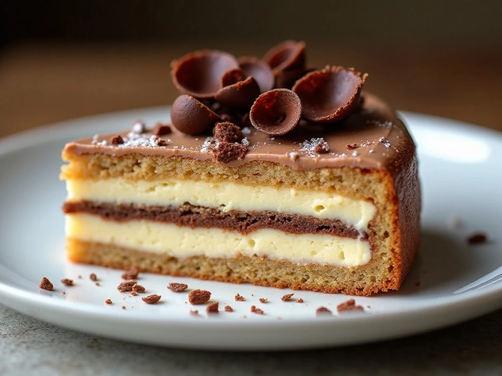 Close-up of Zebra Cake stripes with chocolate curl garnish