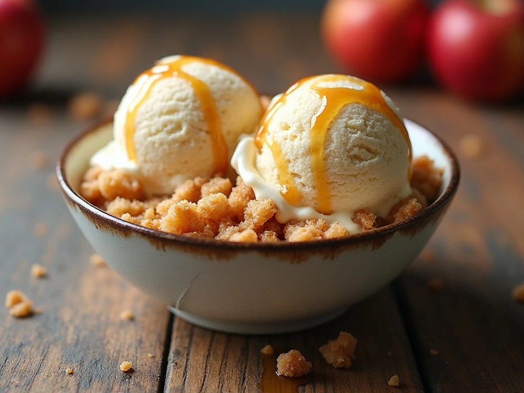 Scoops of creamy no-churn apple pie ice cream with apples, crumbs, and caramel