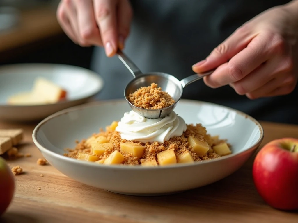 Small drained apple pieces and crumbs prepared for creamy ice cream