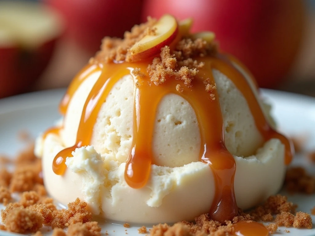 Caramel-topped apple pie ice cream with cinnamon and crunchy crumbs