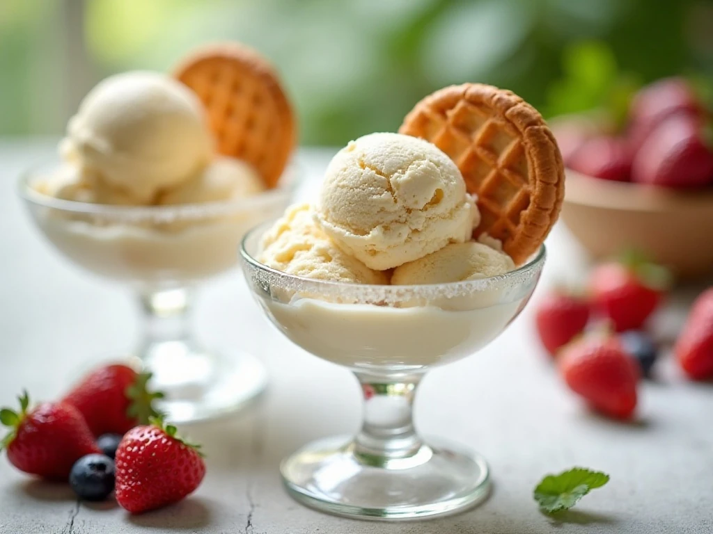 Creamy homemade vanilla no-churn ice cream served with berries and cookies
