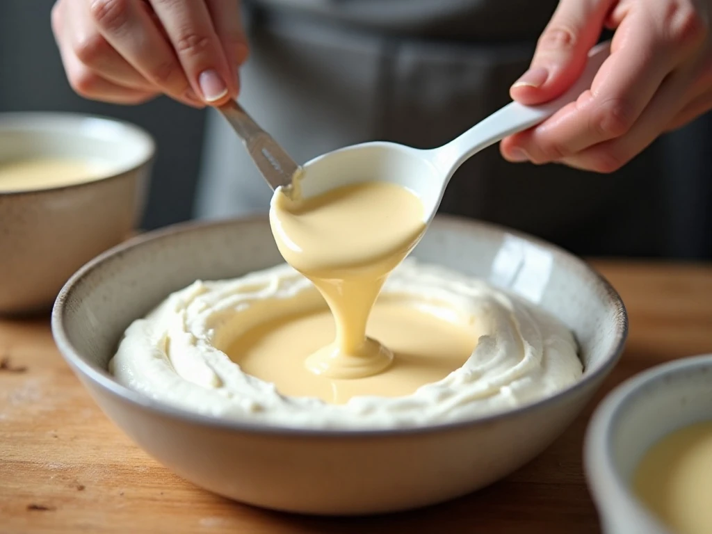 Folding vanilla condensed milk into whipped cream for no-churn ice cream