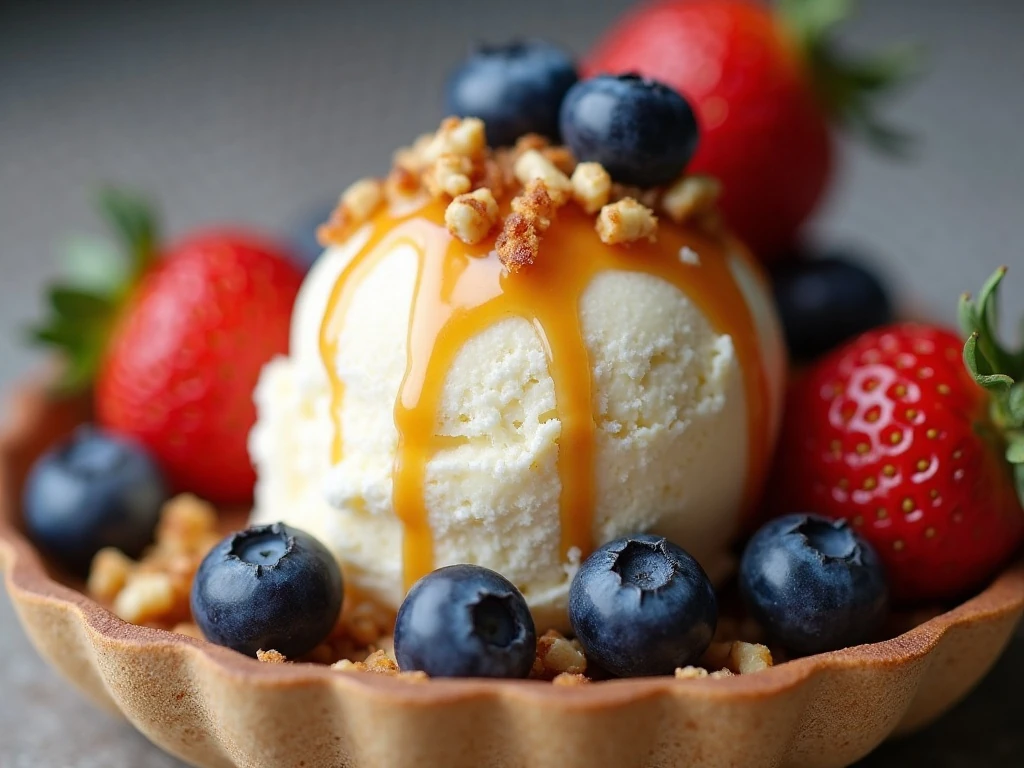 Vanilla no-churn ice cream with berries, caramel, and toasted nuts