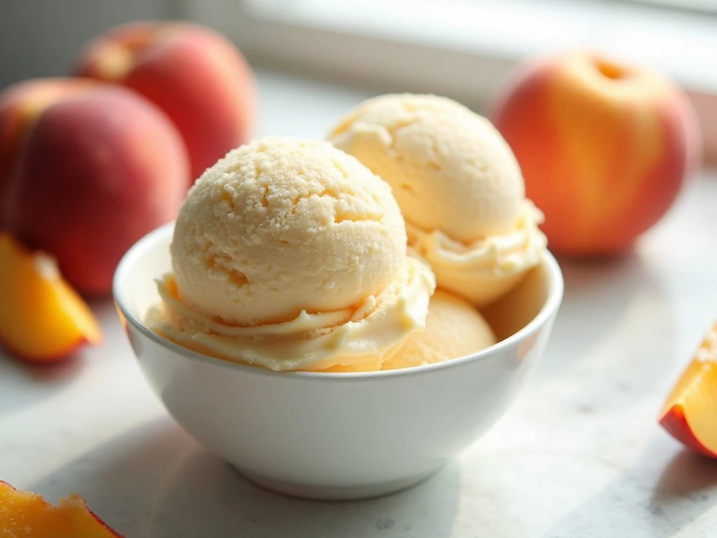 Homemade no-churn peach ice cream served with fresh peaches