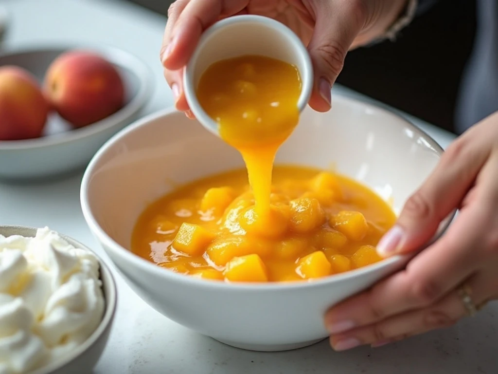 Preparing peach mixture and whipped cream for no-churn ice cream