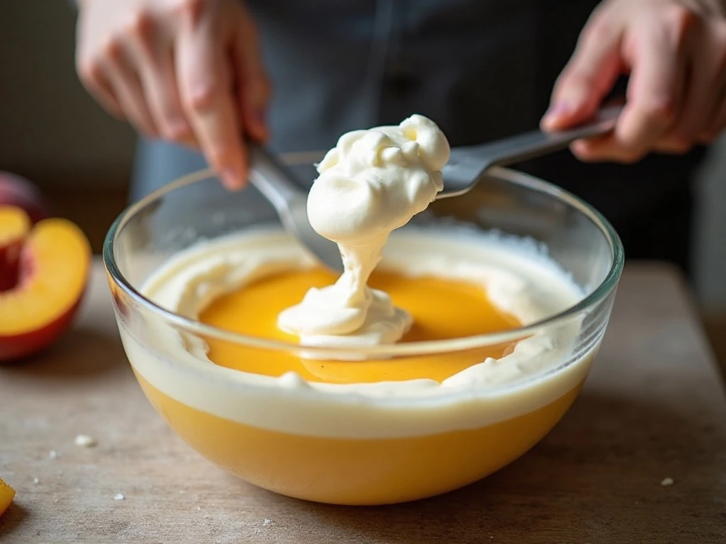 Gently folding whipped cream into peach ice cream base
