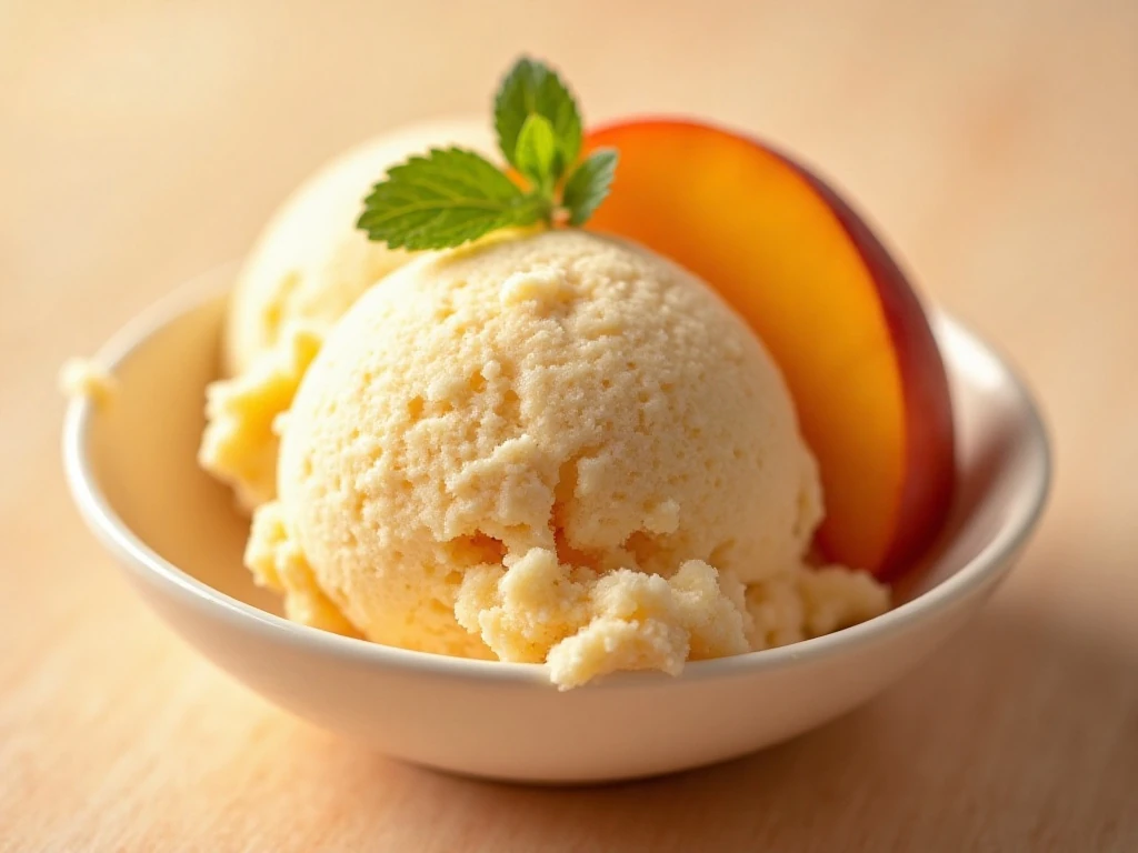 Close-up scoop of creamy peach ice cream with peach pieces