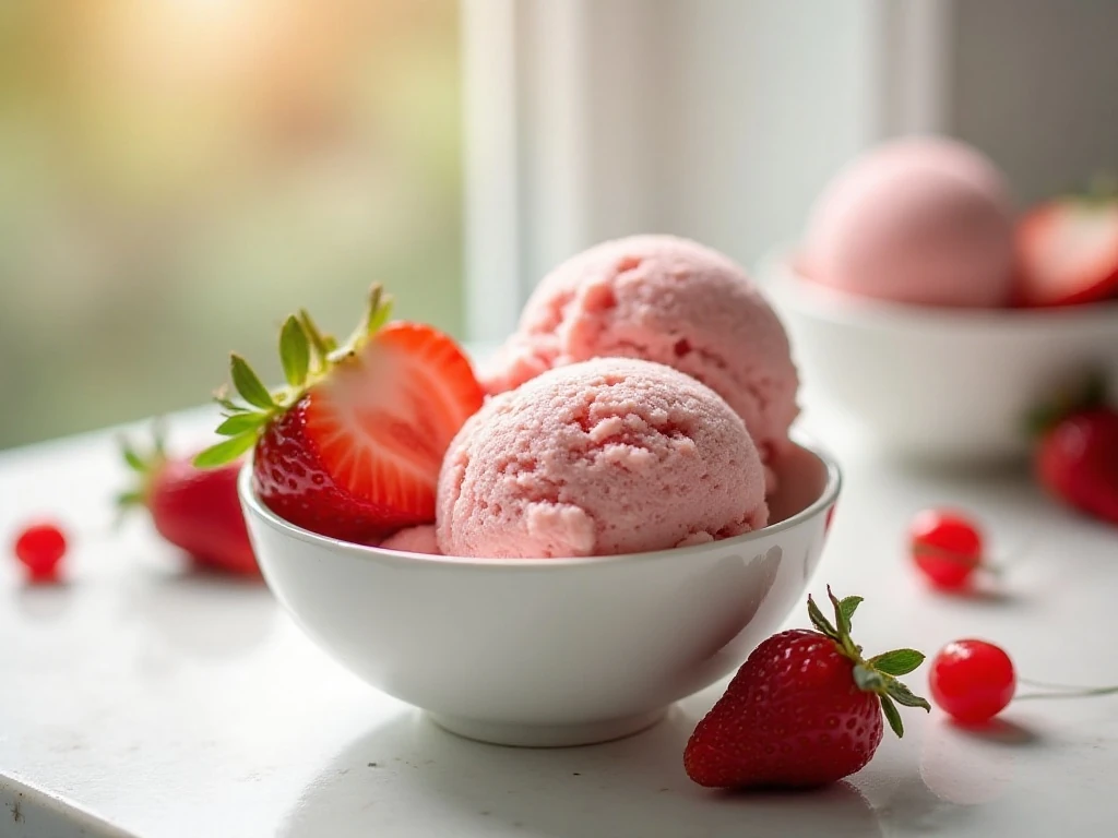Two scoops of homemade strawberry vanilla ice cream with fresh strawberries